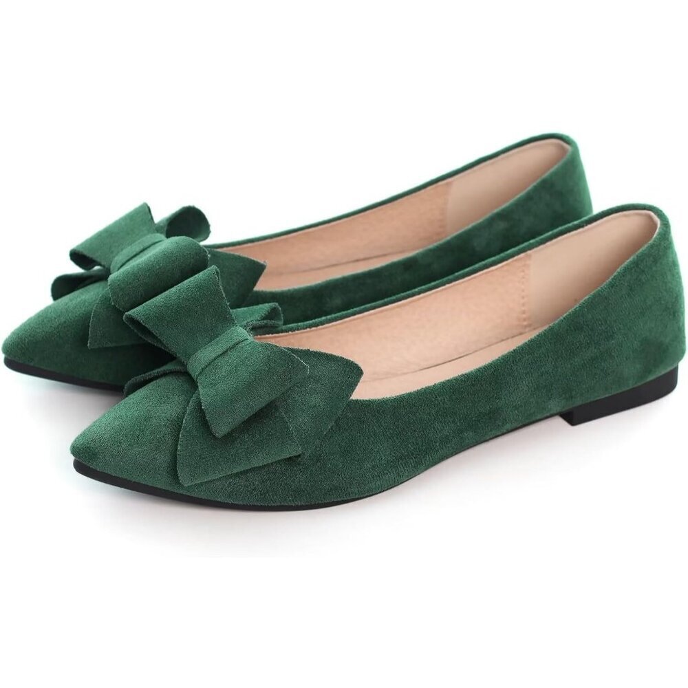 Women's Christmas Green Bowknot Ballet Flats Pointy Toe Casual Flat Shoes Suede - Picture 7 of 7